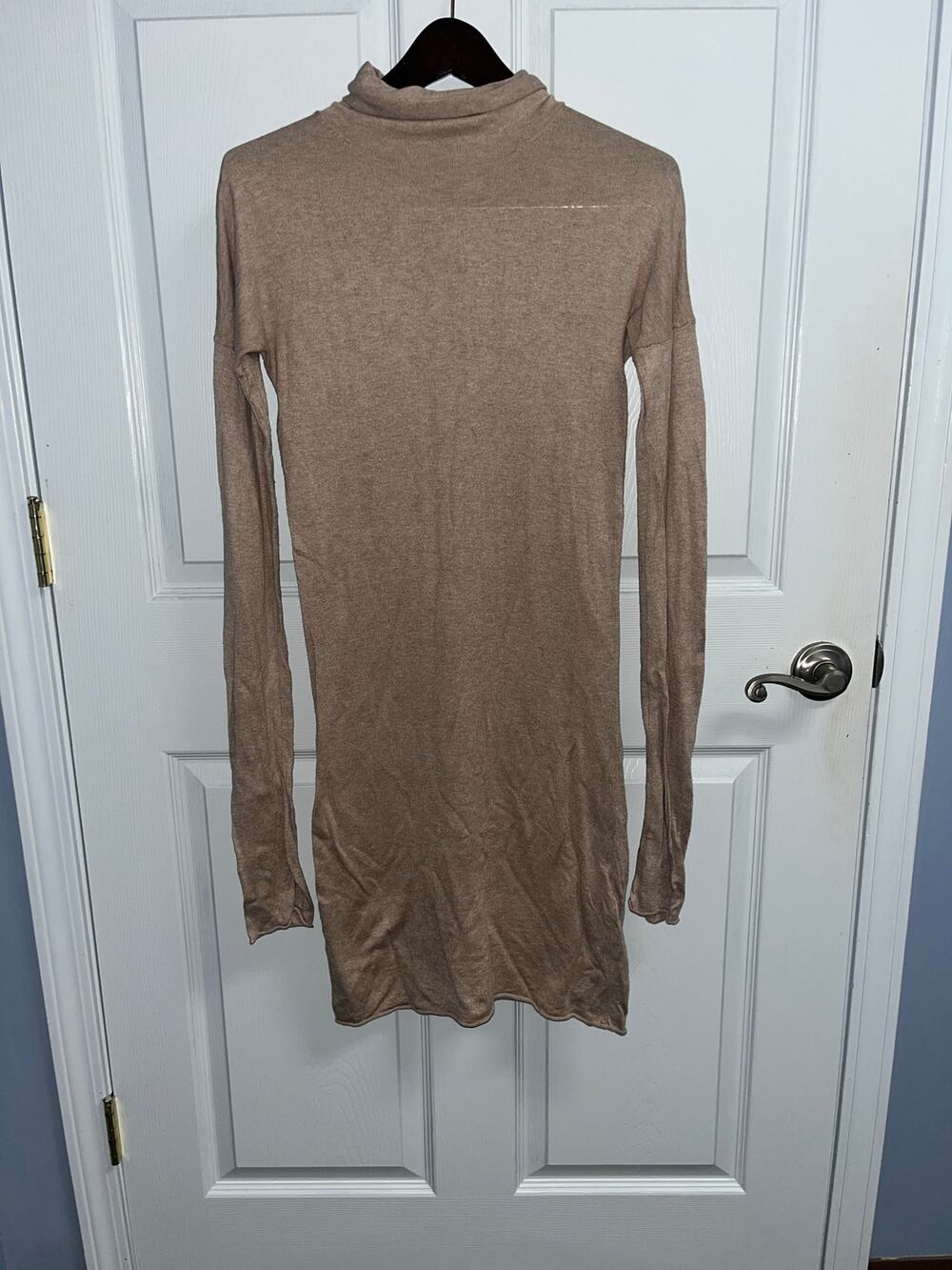 BCBGMAXAZRIA Tan Ribbed Knit Turtleneck Sweater Dress - Size M (Silk Blend)